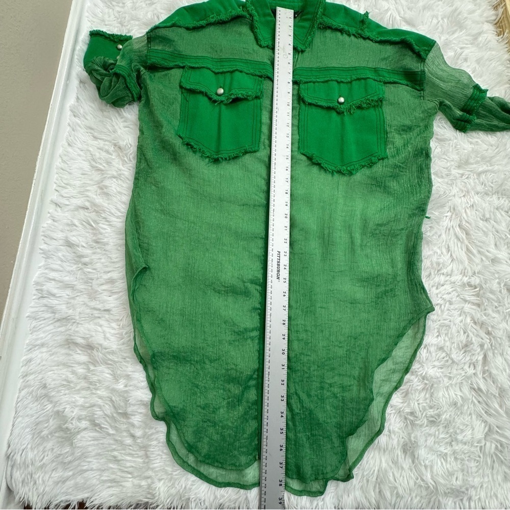 TOV Los Angeles Green Sheer Button-Down Shirt with Frayed Detailing Pockets M - Picture 7 of 9